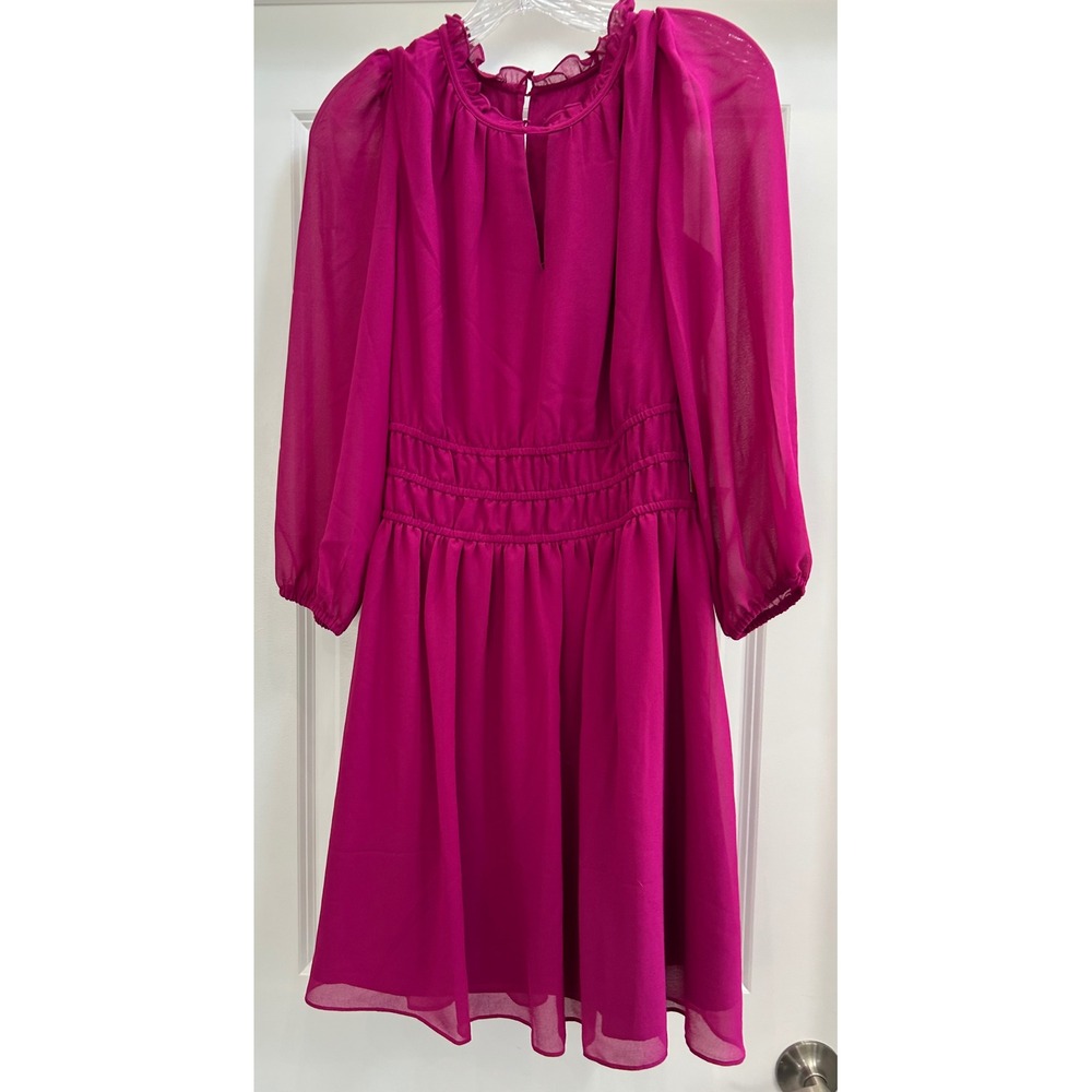 NEW Vince Camuto Magenta Pink Ruffle Neck Smocked Waist Dress Womens 6